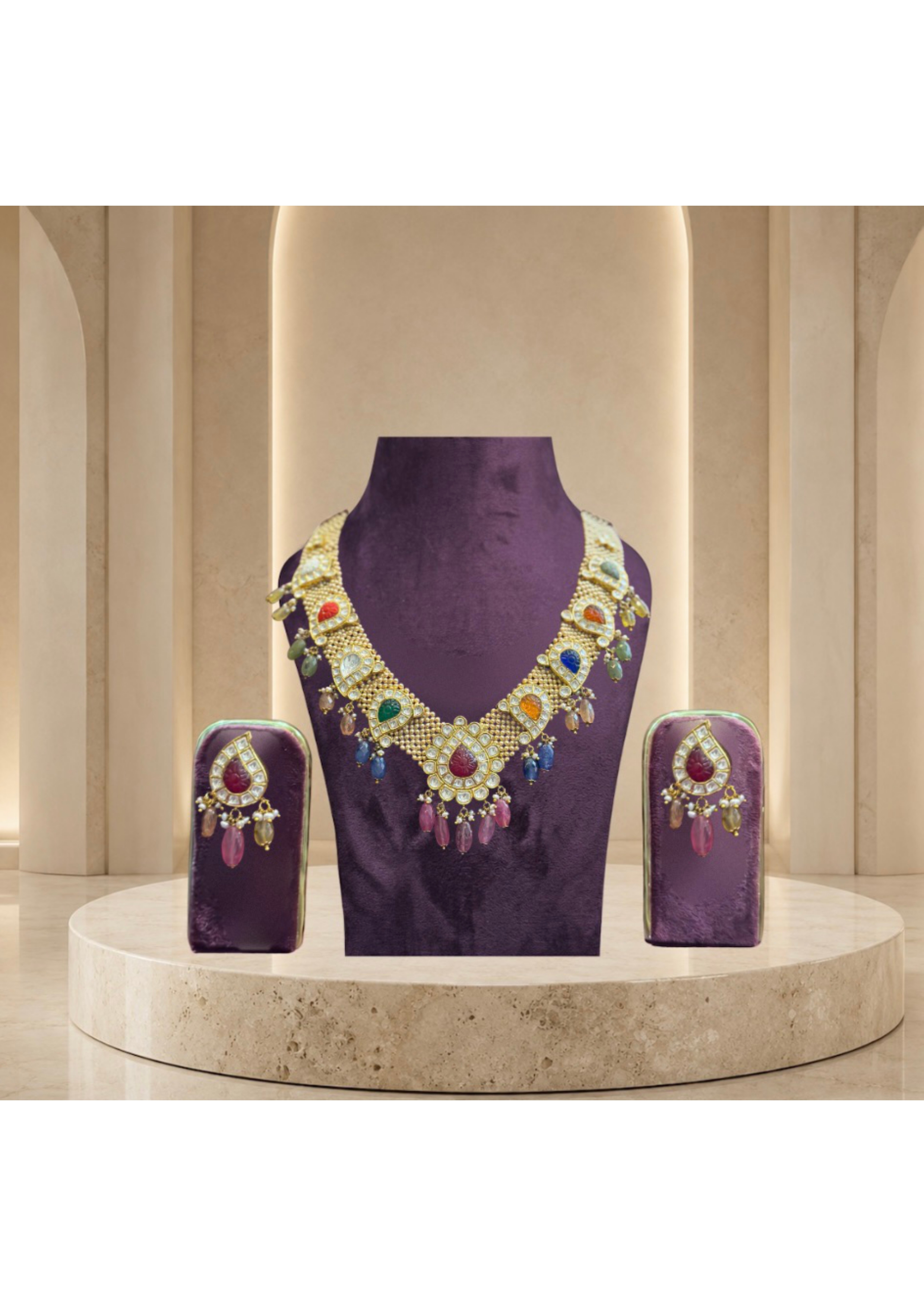 Navratna Carved Gemstone Necklace — Necklace Sets jewellery by Shree Kishan Jewellers & Sons